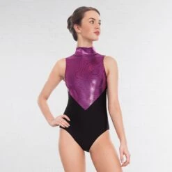 1st Position Lynn Two Tone Hologram High Neck Keyhole Leotard -Revolution Shop black magenta q36 bm 3 1