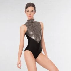 1st Position Lynn Two Tone Hologram High Neck Keyhole Leotard -Revolution Shop black silver q36 bs 1 1