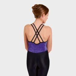 1st Position Elaine Velour Camisole Strap Catsuit -Revolution Shop delphinium black q71 purple back 1