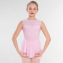 1st Position Mesh Panel Sweetheart Neck Skirted Leotard -Revolution Shop fd015 pink b