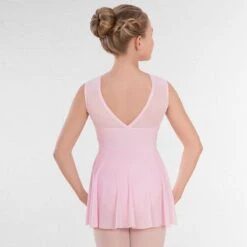 1st Position Mesh Panel Sweetheart Neck Skirted Leotard -Revolution Shop fd015 pink back